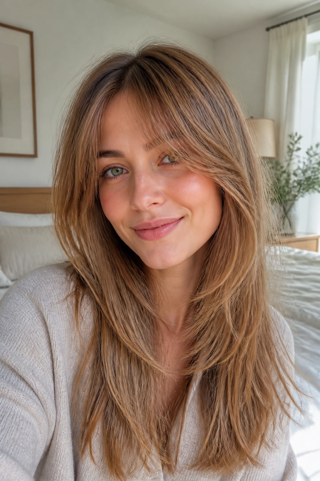 Close-up portrait of feathered long bangs on a real woman in a bright room