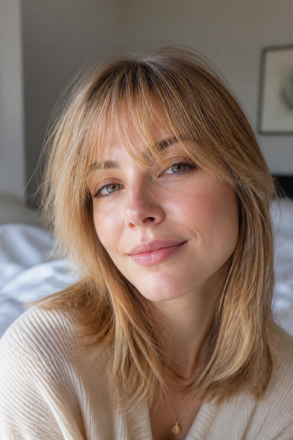 Close-up of a real person with fine, feathered bangs creating texture