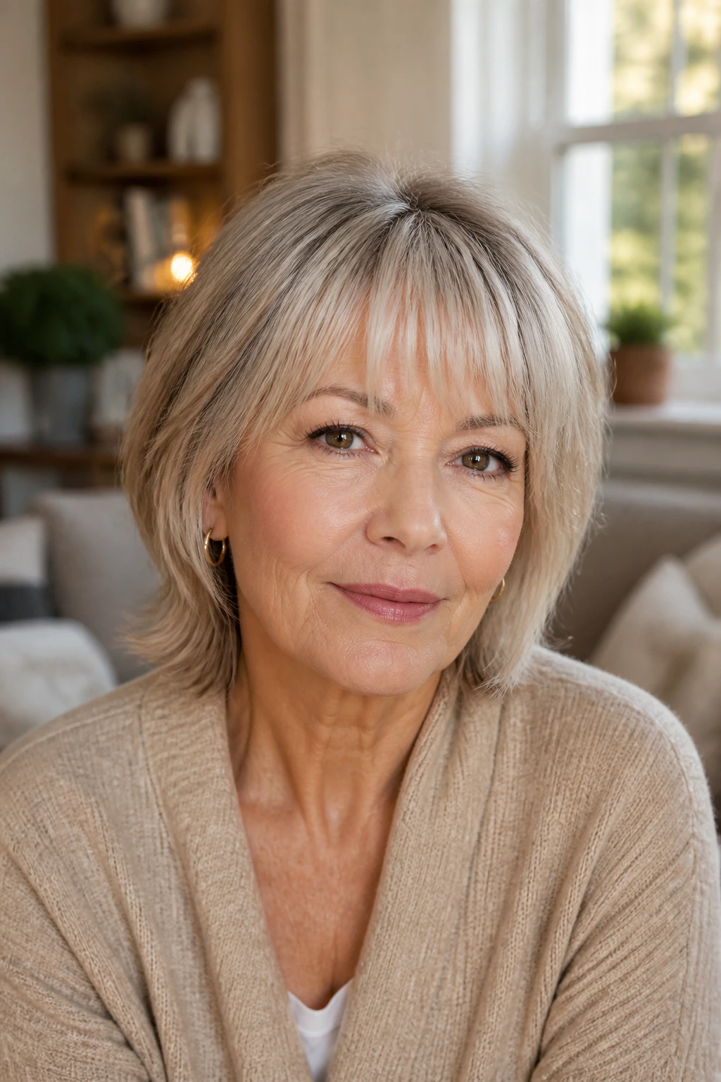 Close-up portrait of a woman with feathered bangs for fine hair under warm window light