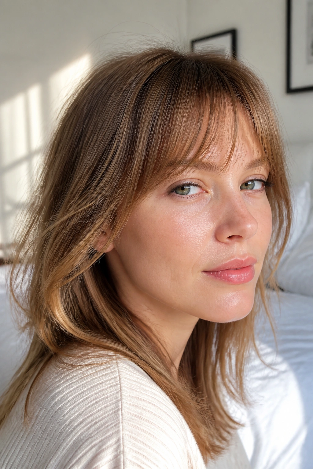 Close-up of a real person with feathered bangs giving lift for fine hair