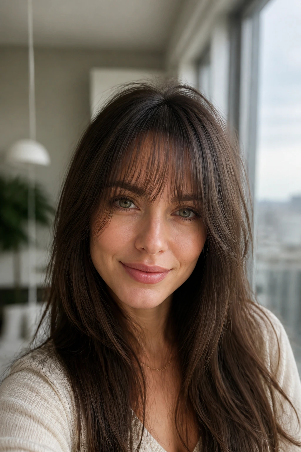 Close-up portrait of a real woman with fine hair and soft-density feathered bangs.