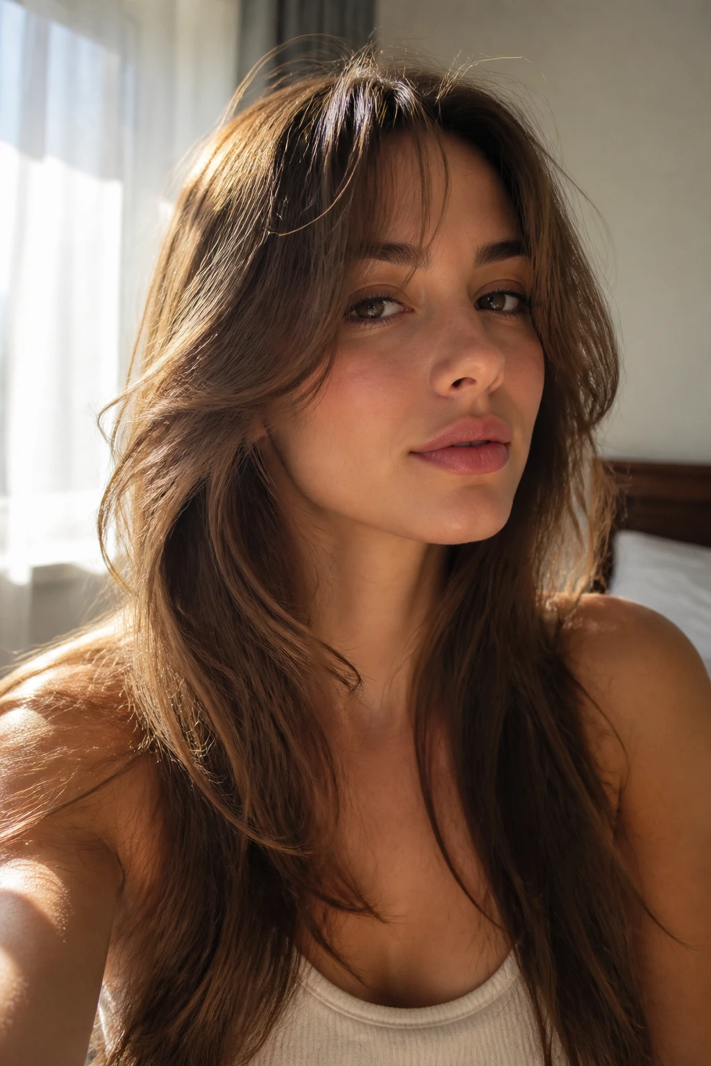 Close-up of a person with feathered bangs that float away from the face in soft sunlight.
