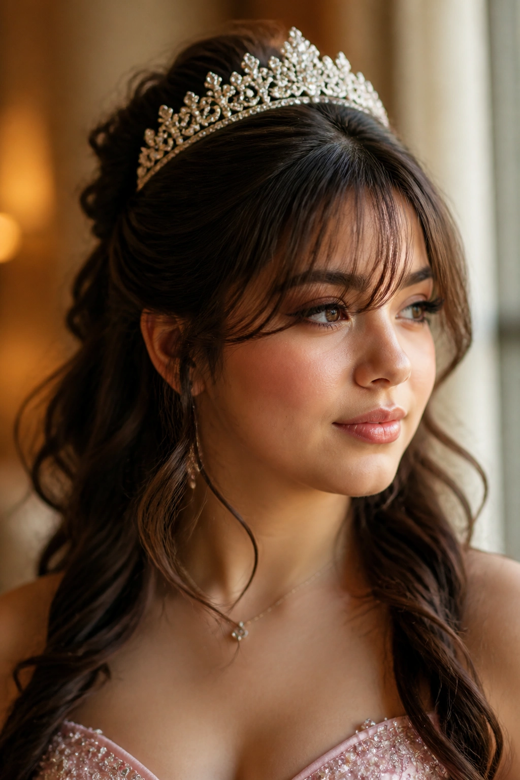 Close-up of feathered bangs with half-up crown on a real woman in warm lighting