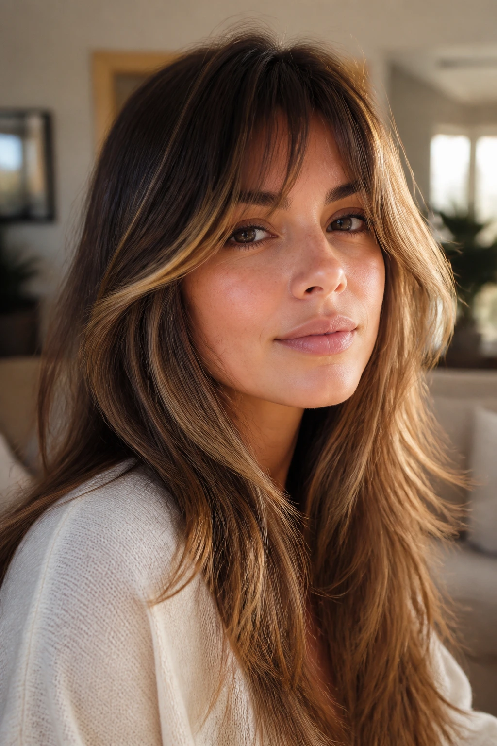 Close-up of a real woman with highlighted face-framing feathered bangs in a cozy living room
