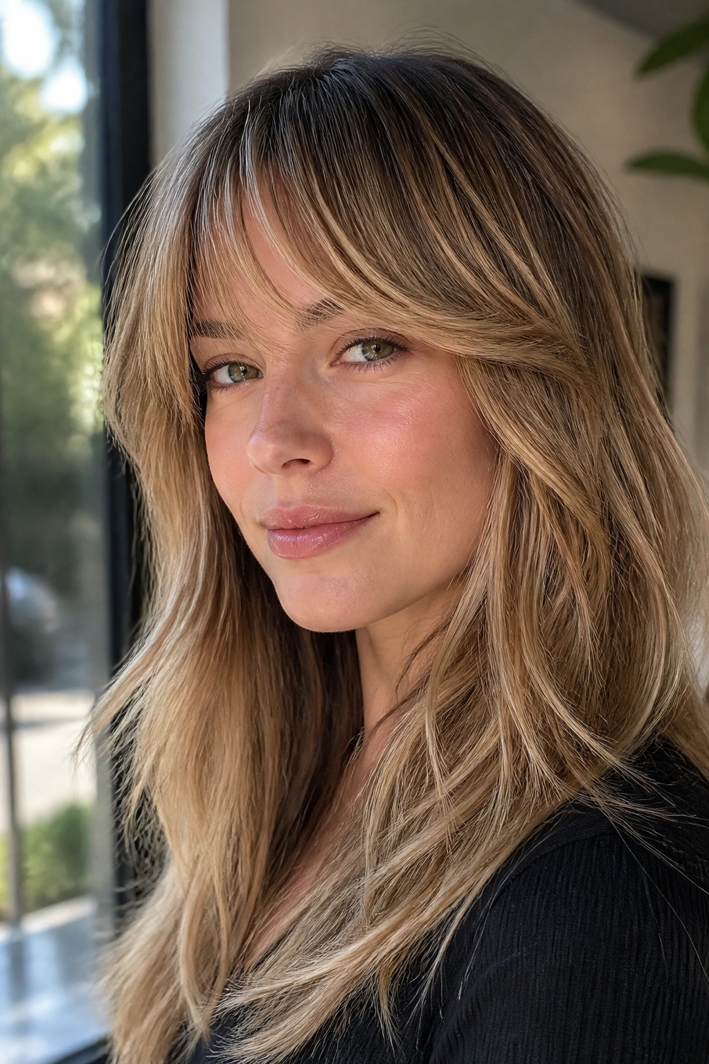 Real woman with highlighted feathered bangs catching soft daylight
