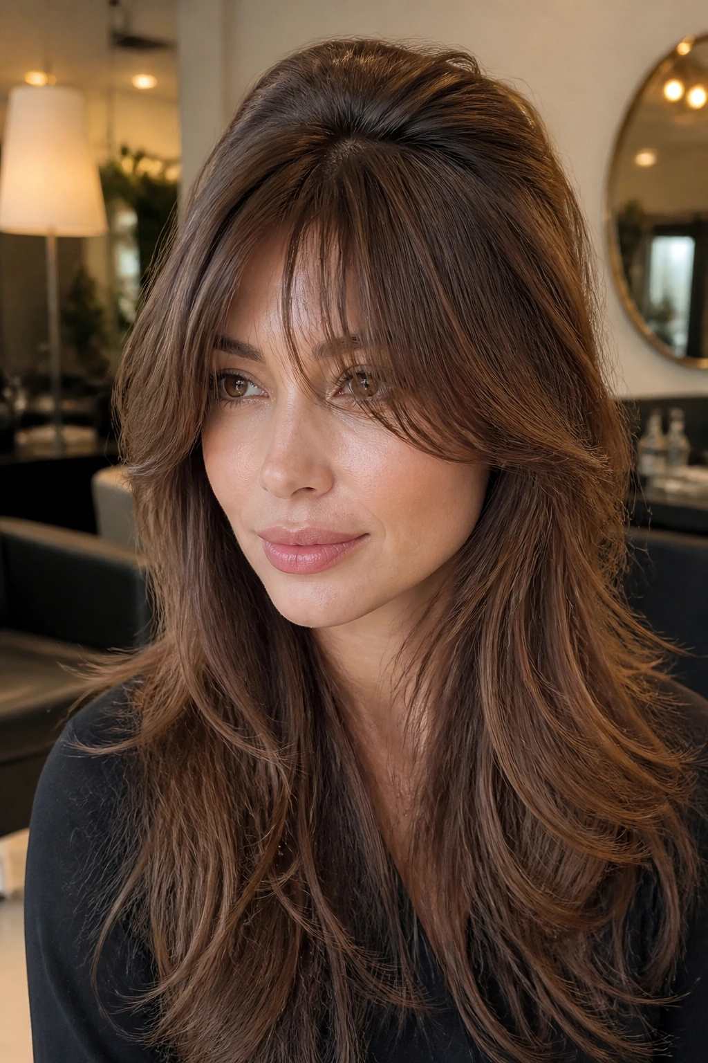 Close-up portrait of a real woman with feathered volume bangs and lifted crown in warm lighting