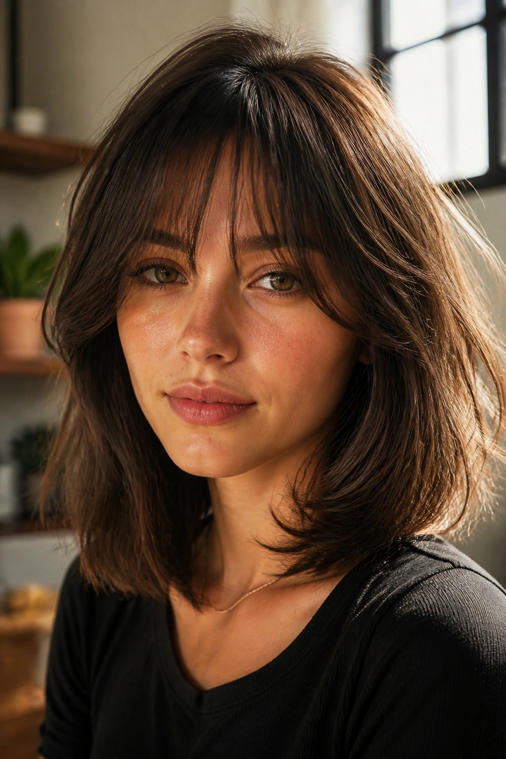 Real person with feathered bangs on a long bob in a sunlit room