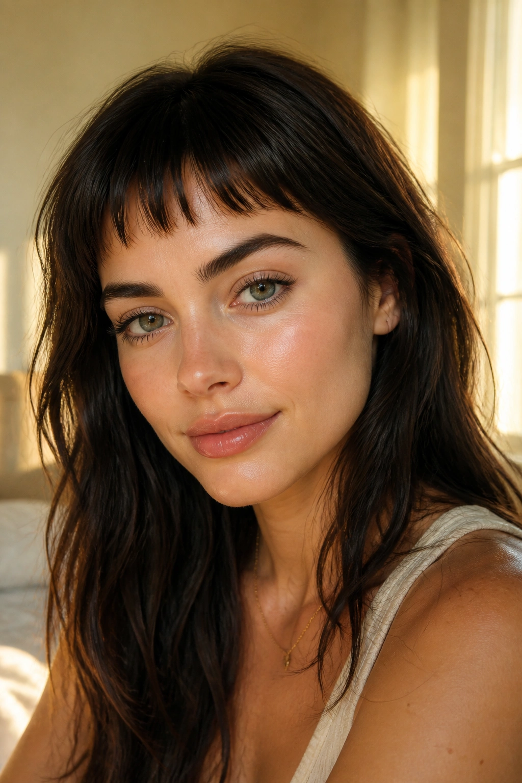 Close-up of a woman with feathered micro bangs above the brows, soft edges, warm window light