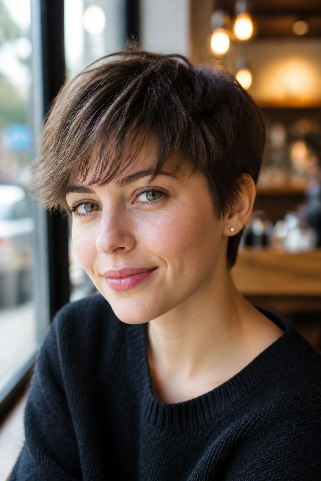 Real person with feathered bangs on a pixie cut in a cafe setting
