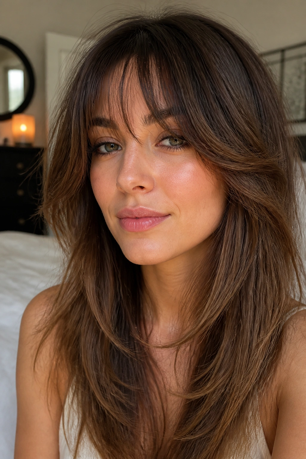 Close-up of a real woman with feathered face-framing bangs in warm window light