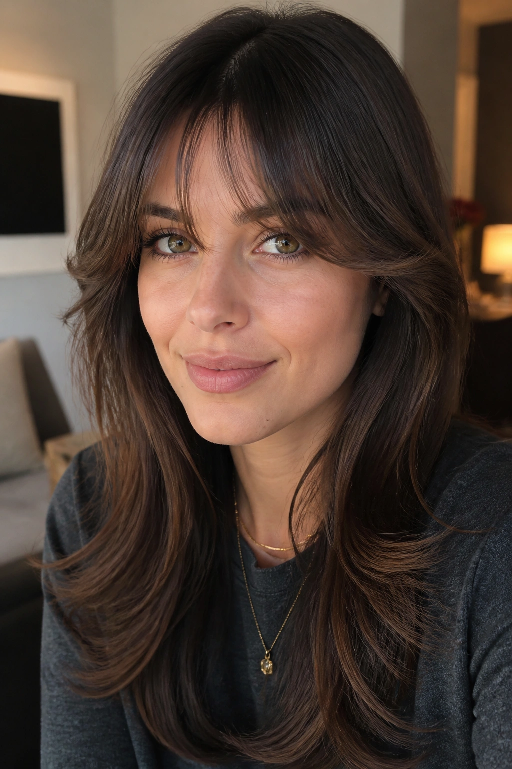 Close-up of a real woman with feathered bangs showing tapered pieces and center shortest.