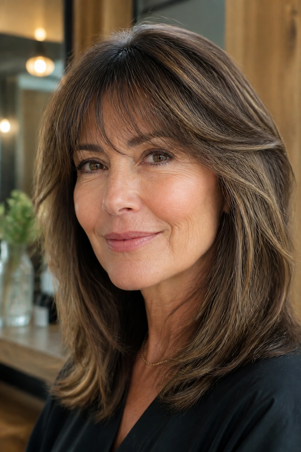 Close-up of a real woman with feathered tapered bangs softening the temples