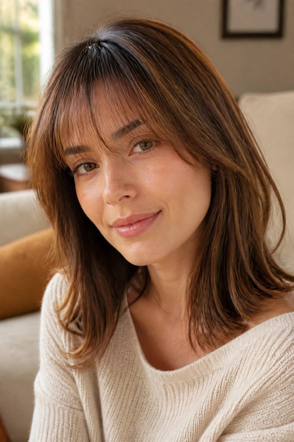 Close-up portrait of a real woman with feathered bangs in warm daylight