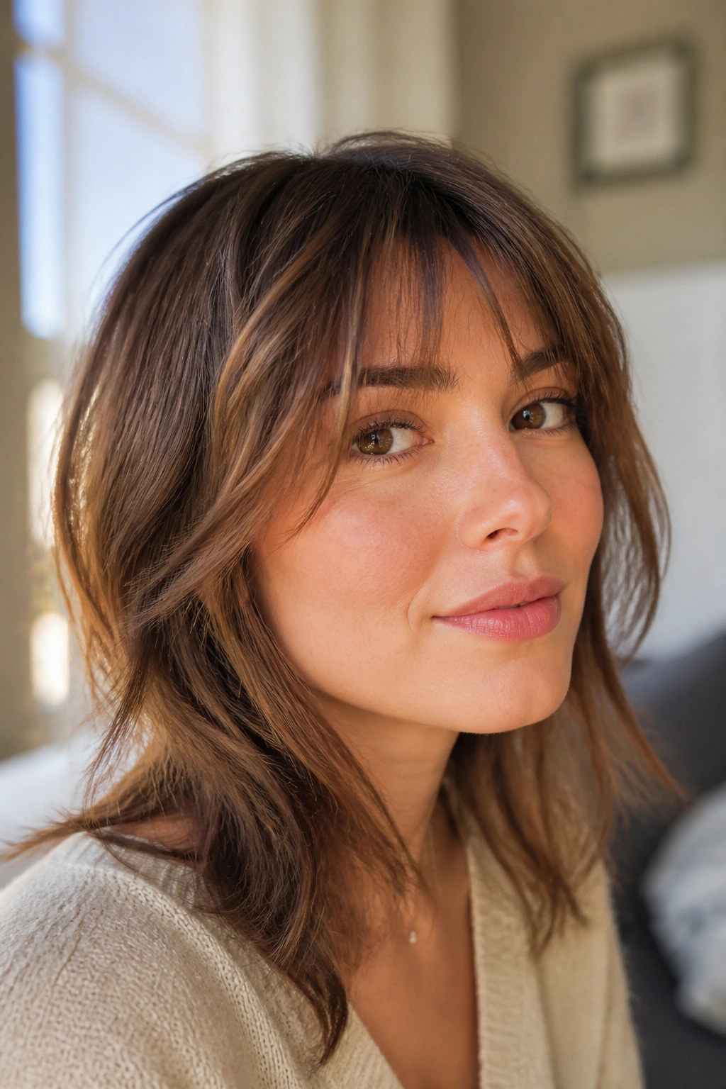 Close-up of a real person with piecey feathered bangs under natural window light