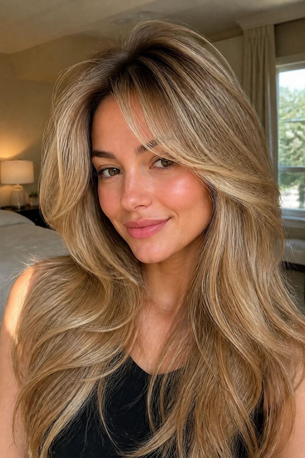 Close-up of a real woman with blowout feathered bangs and high root lift