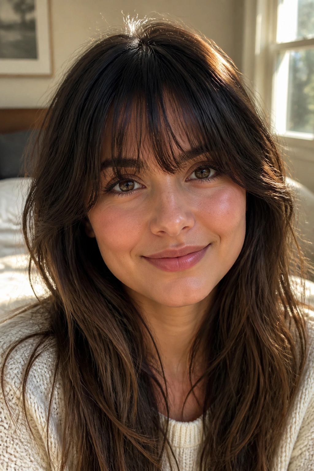 Close-up portrait of a real woman with feathered bangs on a round face