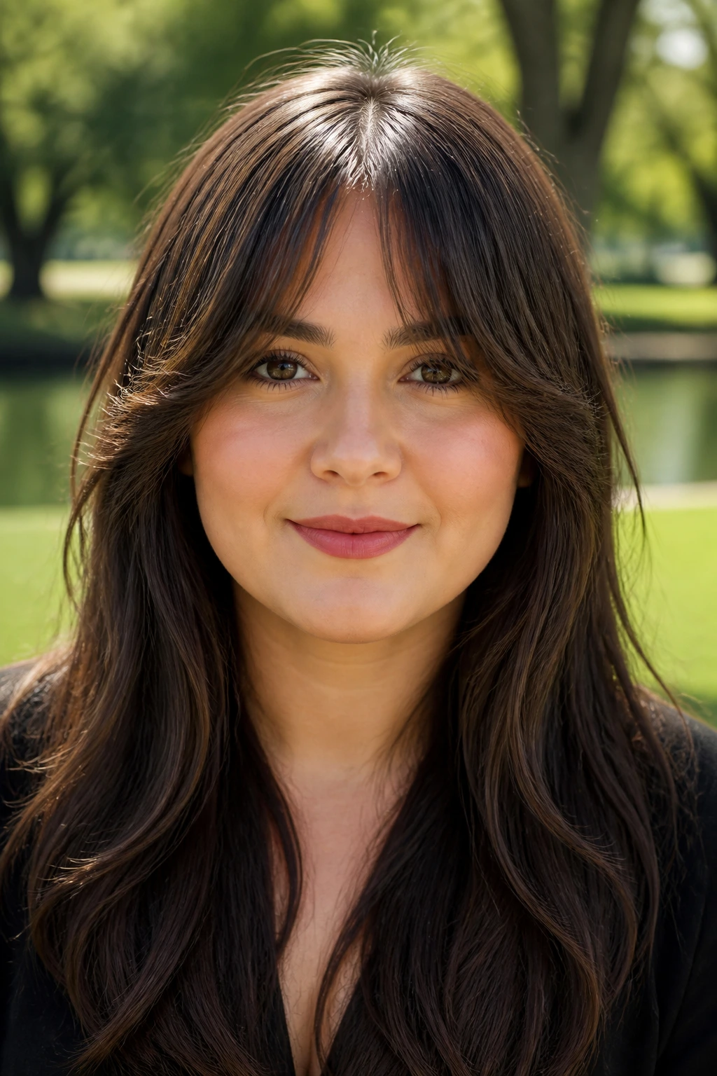 Real woman with feathered bangs for round faces