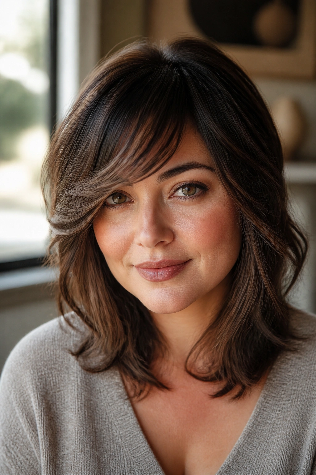 Portrait of a person with feathered side bangs for a round face