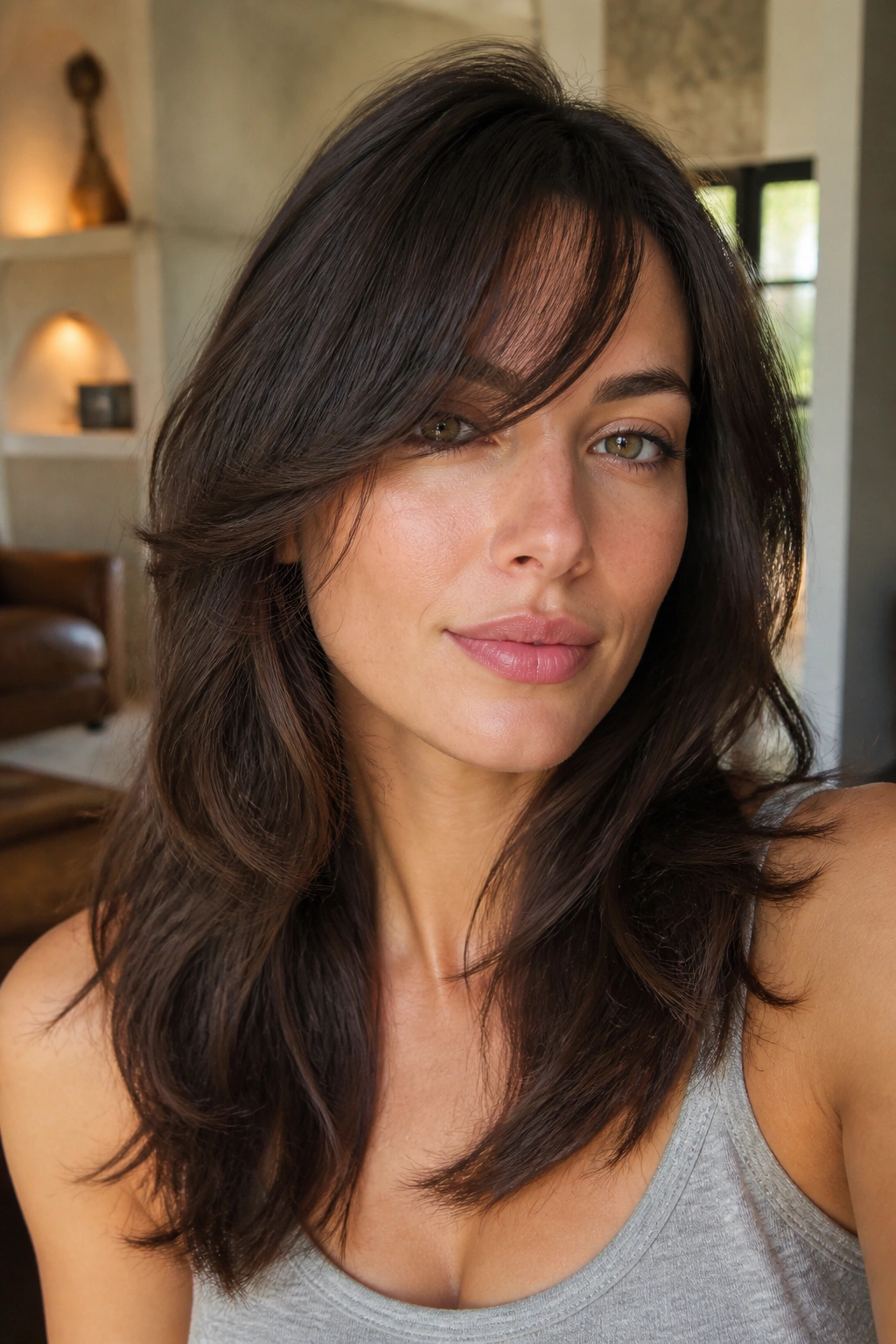 Close-up portrait of a real woman with feathered side bangs.