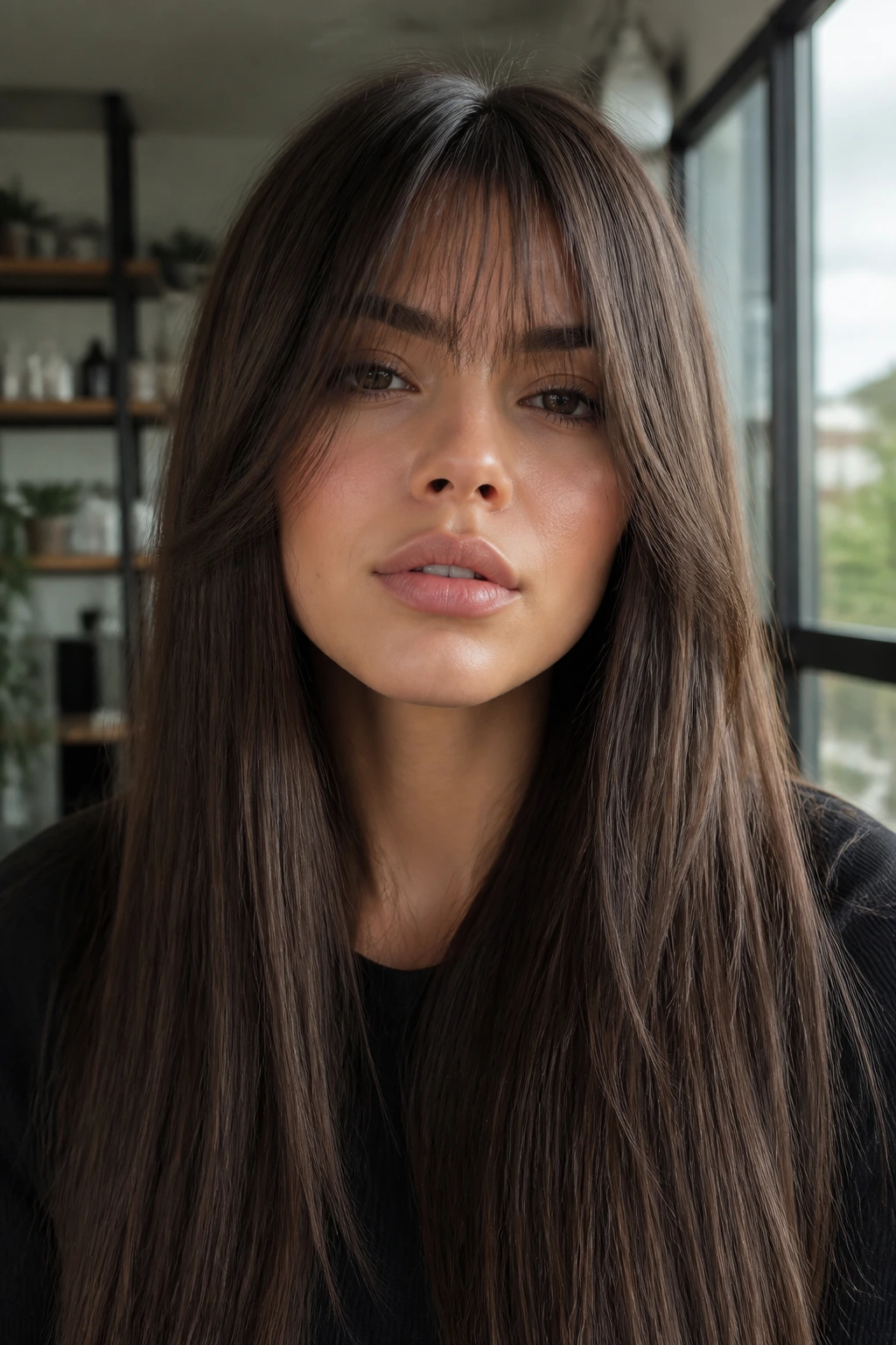 Close-up of a real woman with sleek straight hair and feathered bangs in a modern interior.