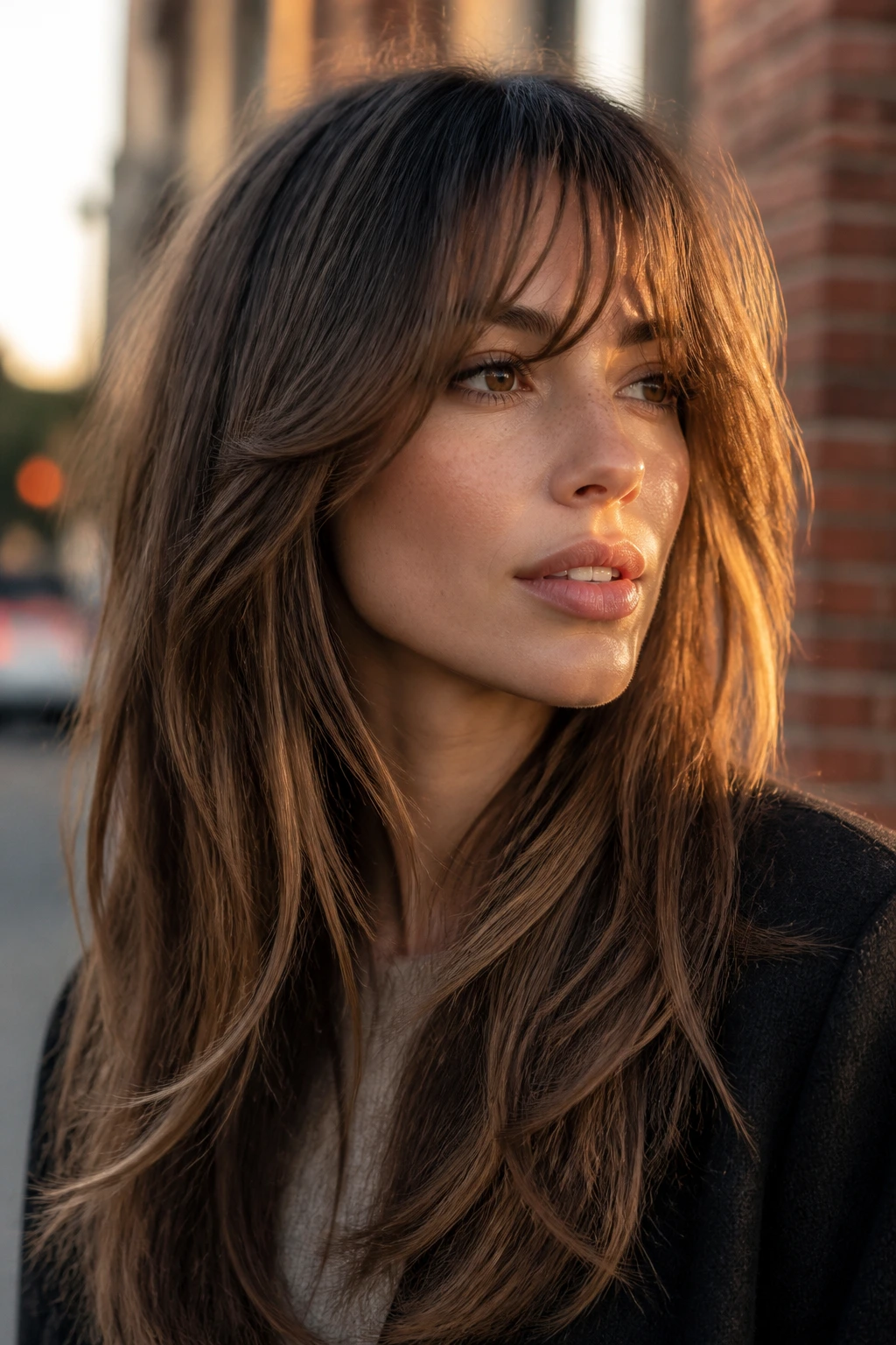 Close-up of a real woman with soft, swept feathered bangs on a square face against a brick wall at golden hour