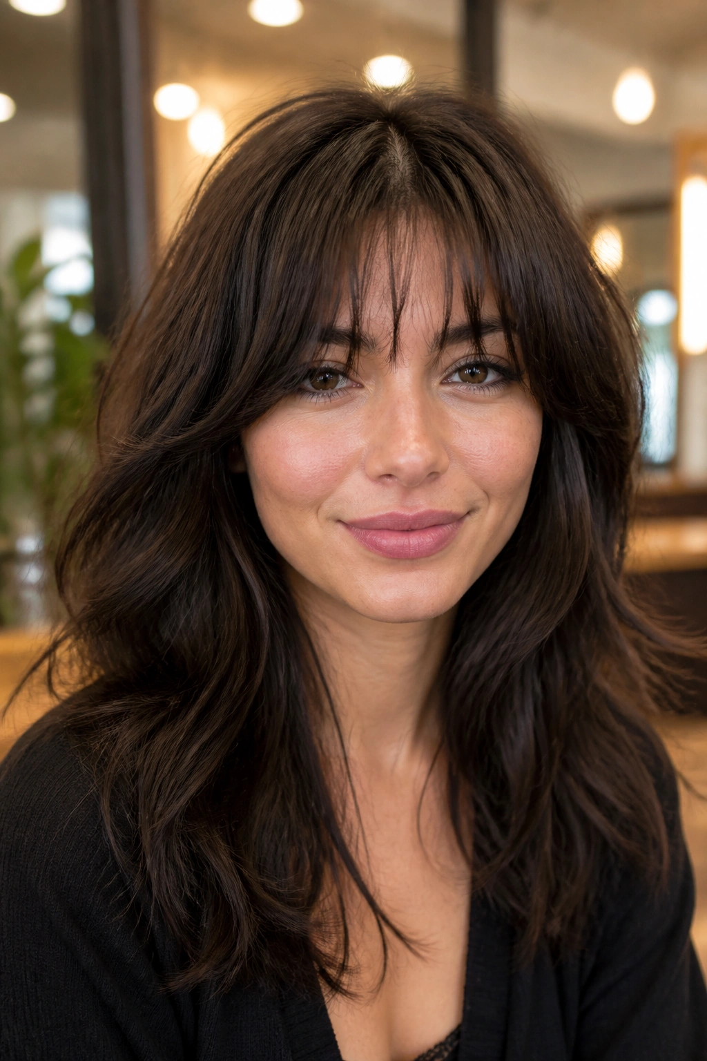Close-up of a real person with feathered bangs trimmed to remove weight on thick hair