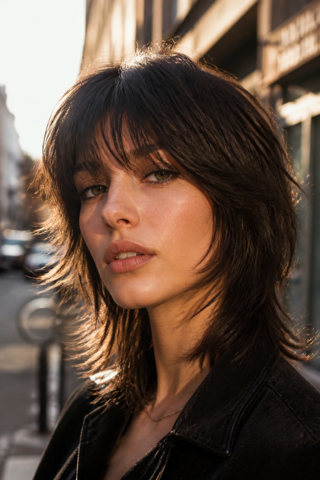 Portrait of a real person with feathered bangs and a wolf cut in an urban setting