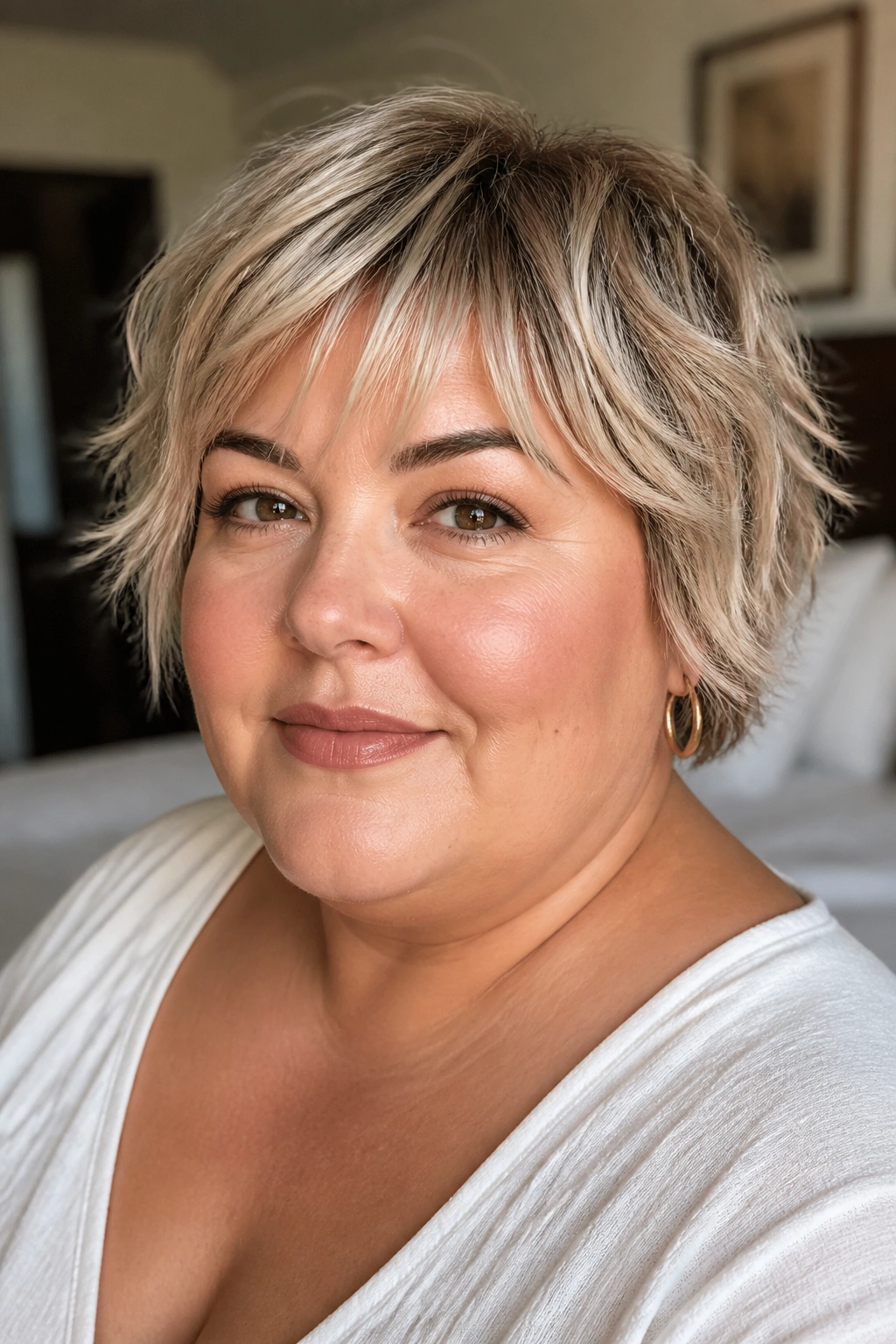 Close-up portrait of a real woman with feathered bixie and wispy bangs