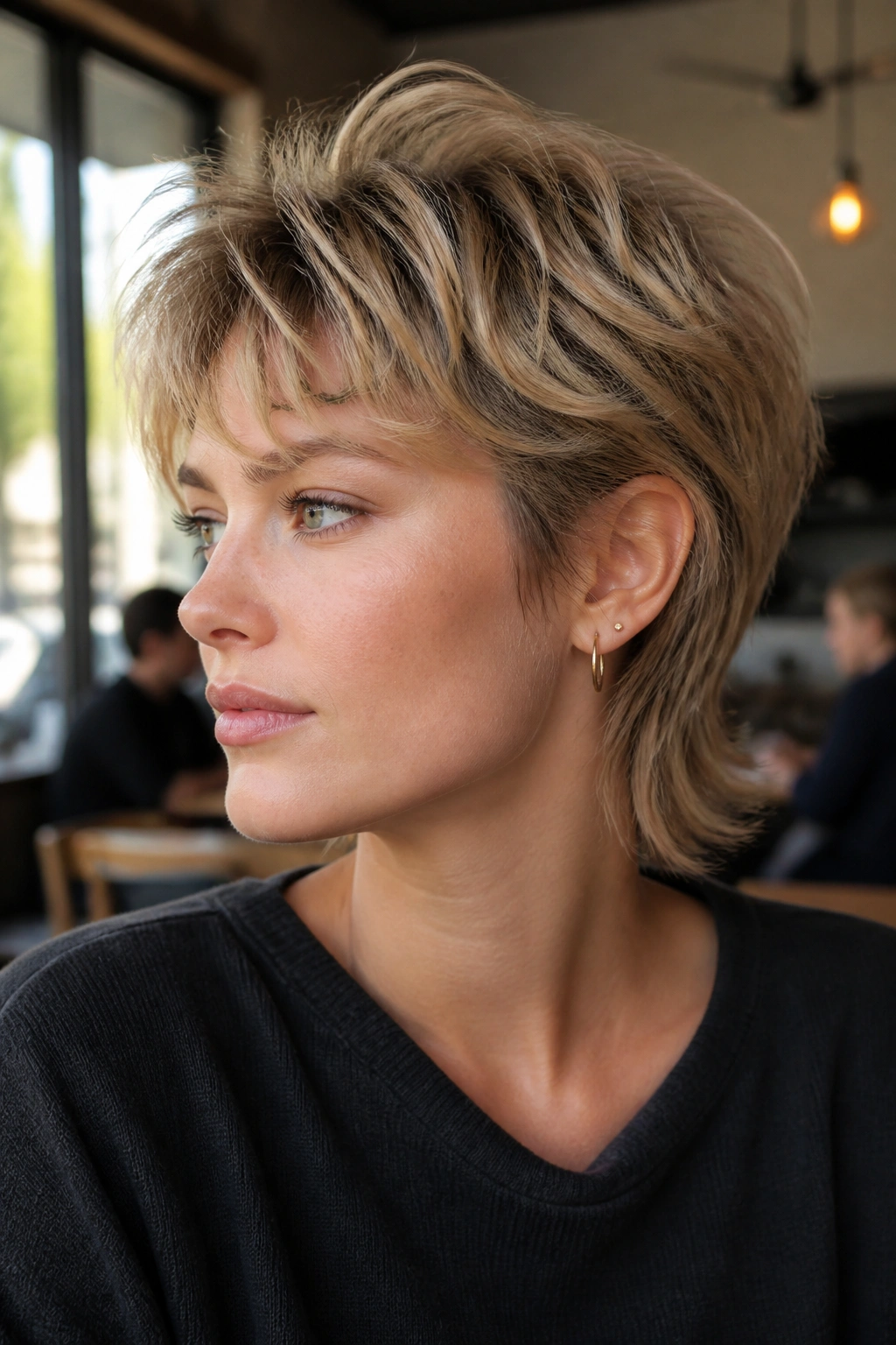 Close-up of a real person with feathered bixie wolf in a bright cafe