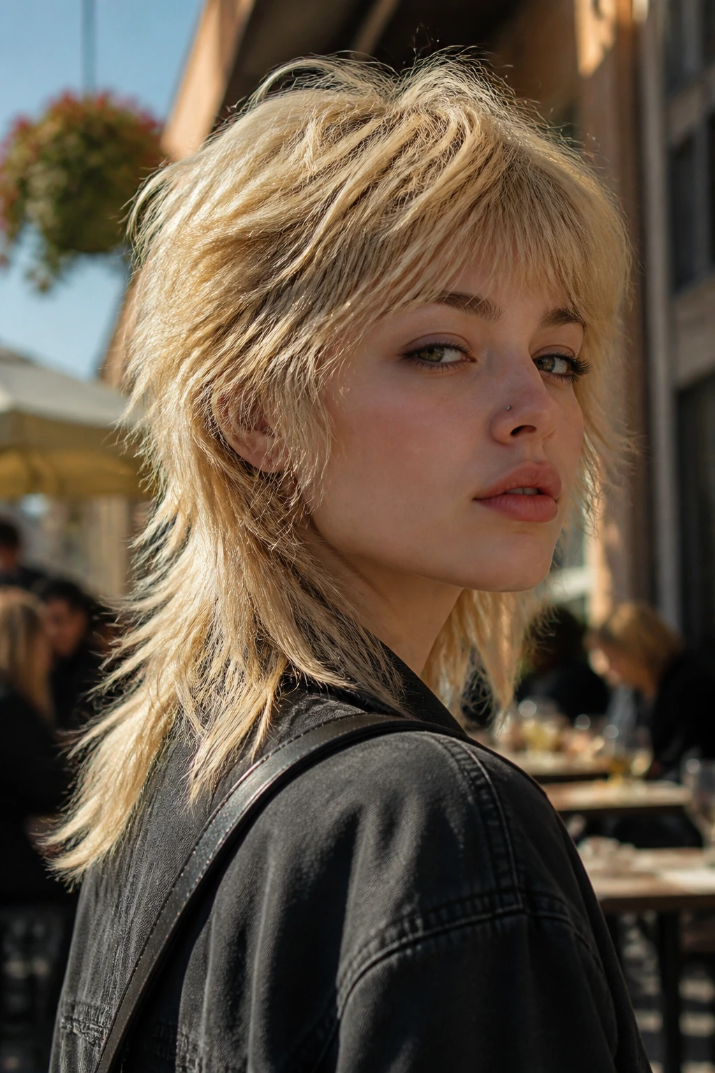 Close-up of a real person with feathered blonde wolf cut and shaggy mullet tail