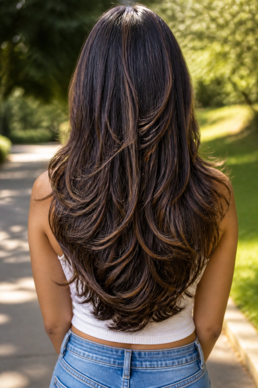 Back view of real woman with feathered butterfly cut and U-shaped back