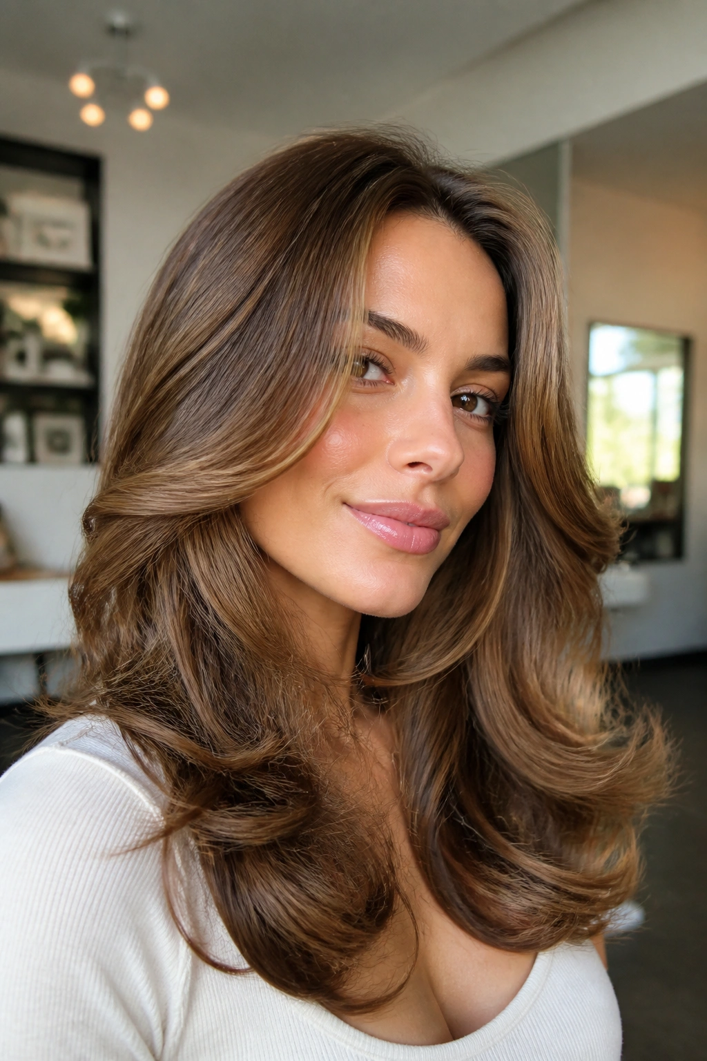 Real woman with feathered blowout curls in bright light.
