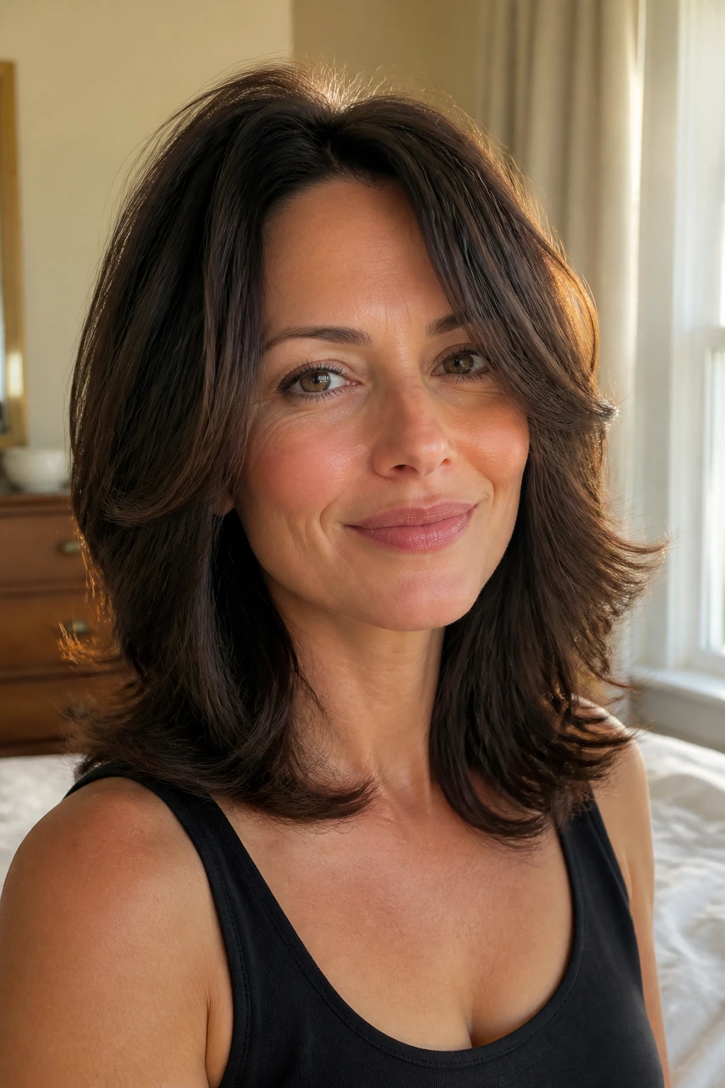 Real woman with feathered blowout layers for a soft swingy finish