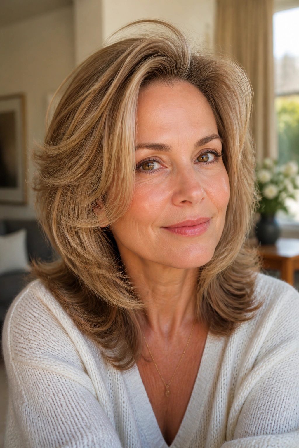 Real woman with feathered blowout and lifted roots in bright living room