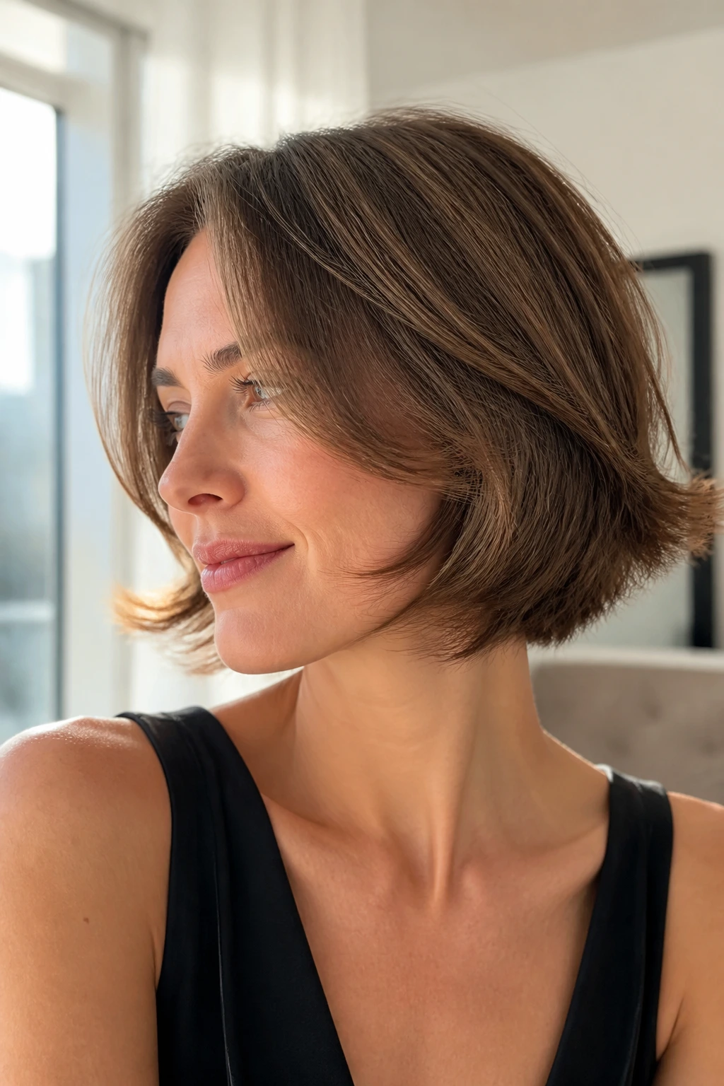 Close-up of a real woman with feathered bob and airy ends in warm window light