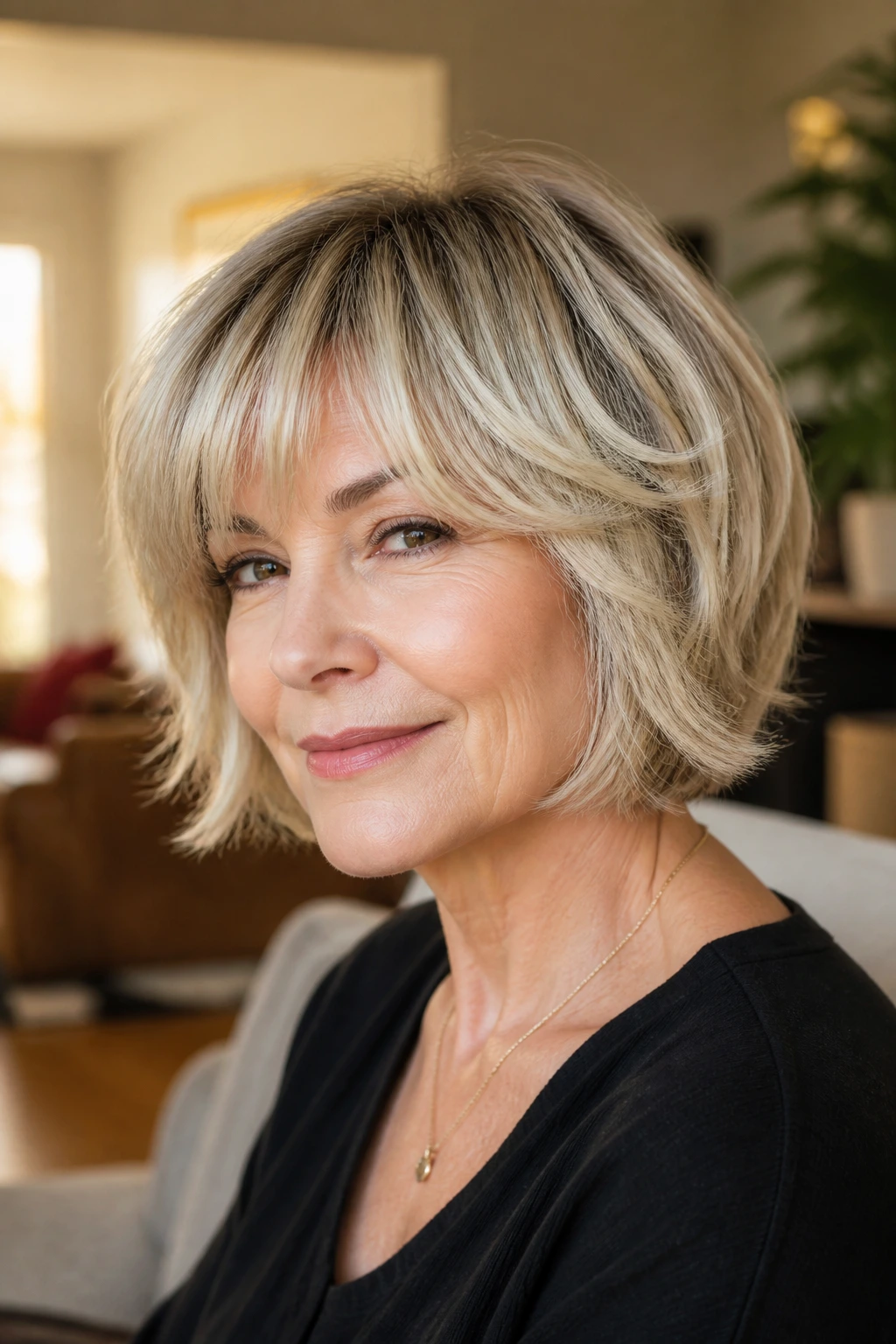 Real woman with feathered bob and bangs in natural light.