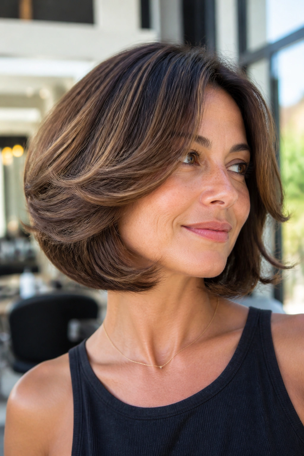 Close-up of a real woman wearing a feathered bob with bouncy S-curves in bright salon light
