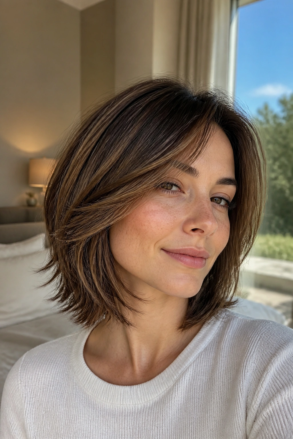 Close-up portrait of a woman with a soft feathered bob at collarbone under natural window light.