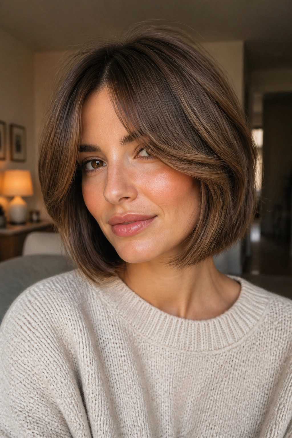 Close-up of a woman with feathered bob and curtain bangs blending into front layers