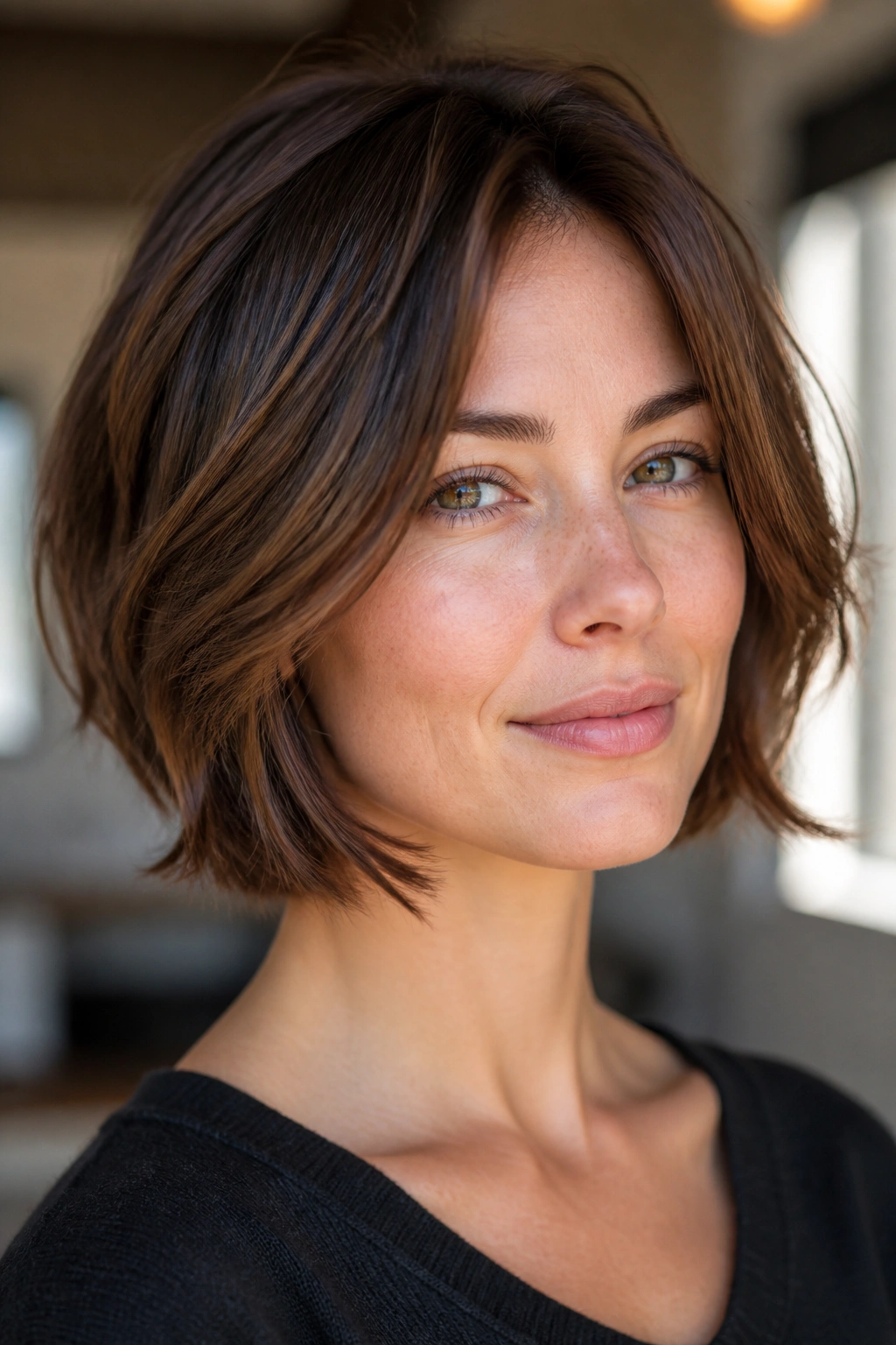 Close-up portrait of a woman with a feathered bob and soft ends in warm window light