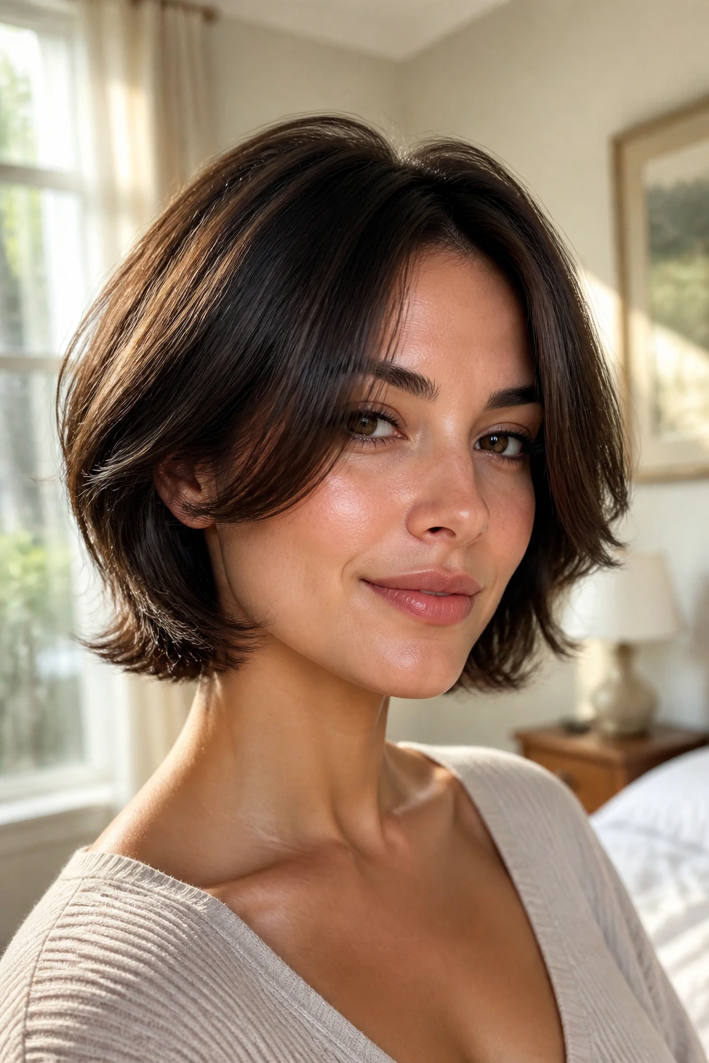 Real woman with feathered bob and soft face-framing layers around cheeks
