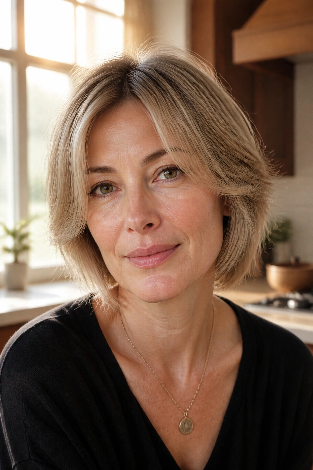 Real woman with a feathered bob on fine hair in a sunlit kitchen