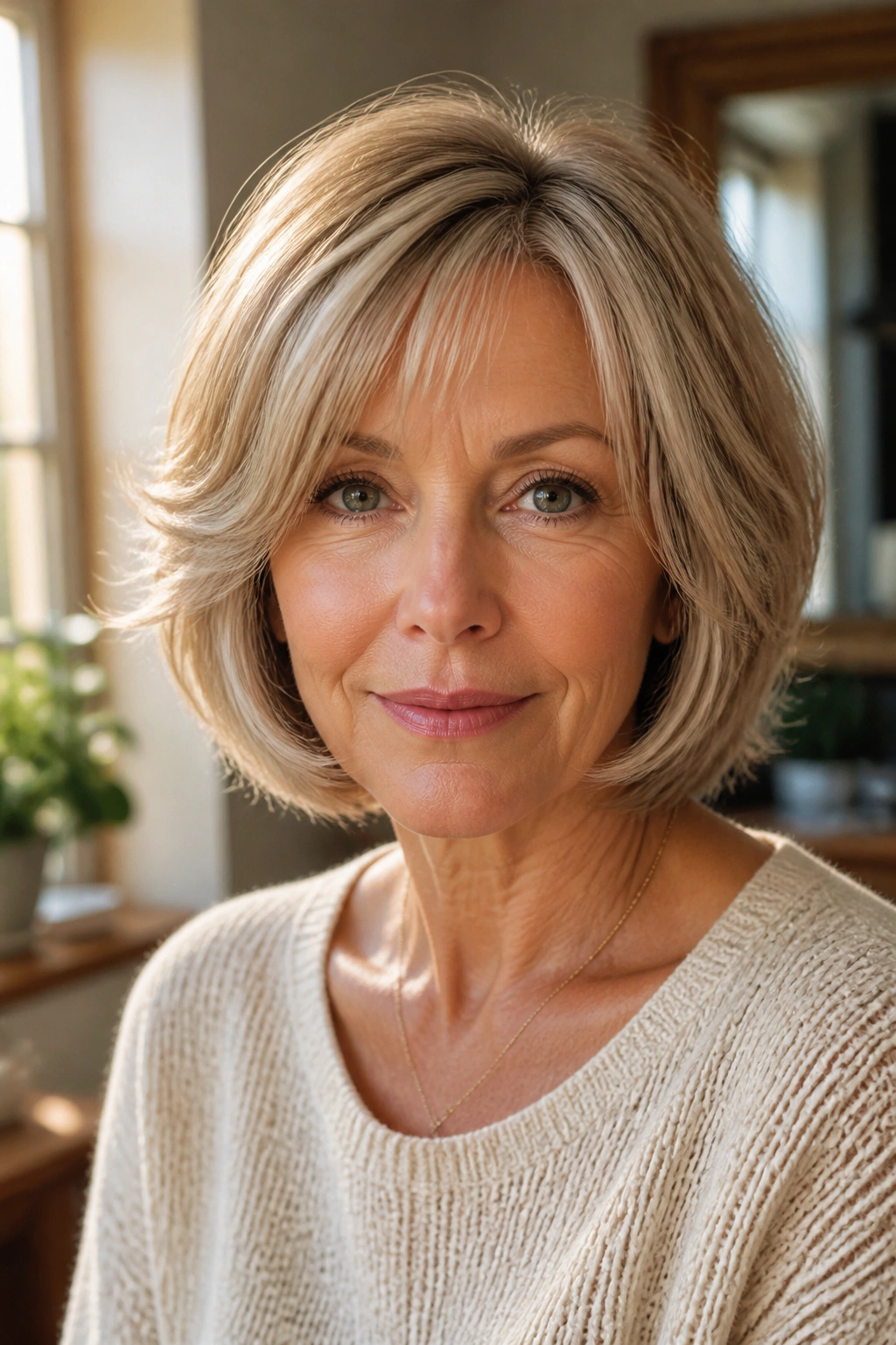 Close-up of a real woman with a light feathered bob gently framing the face in a sunlit room