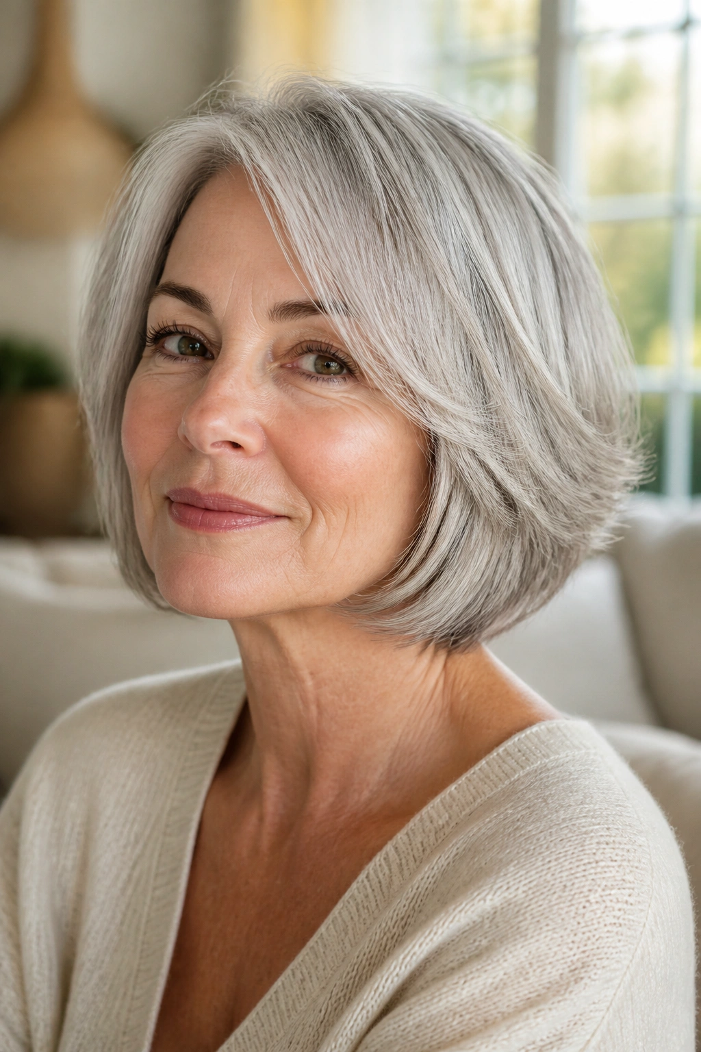 Close-up portrait of a real woman with a feathered bob brushing the jawline in a sunlit living room.