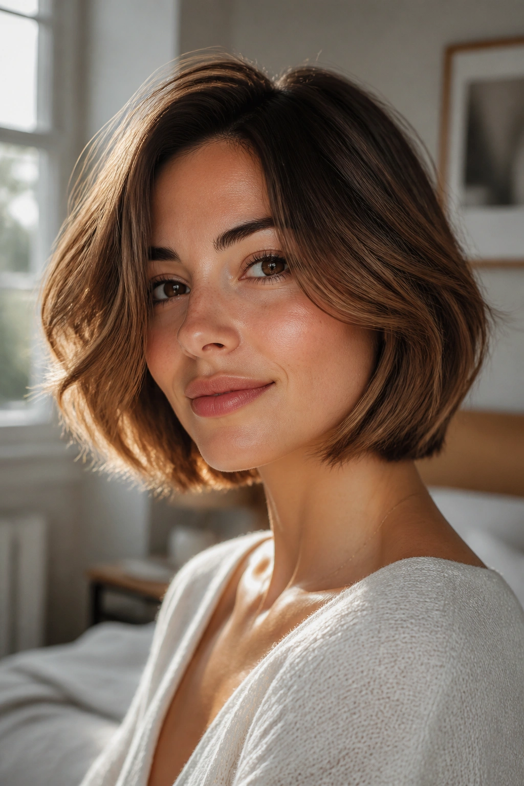 Close-up portrait of a real woman with feathered ends framing the face in warm light