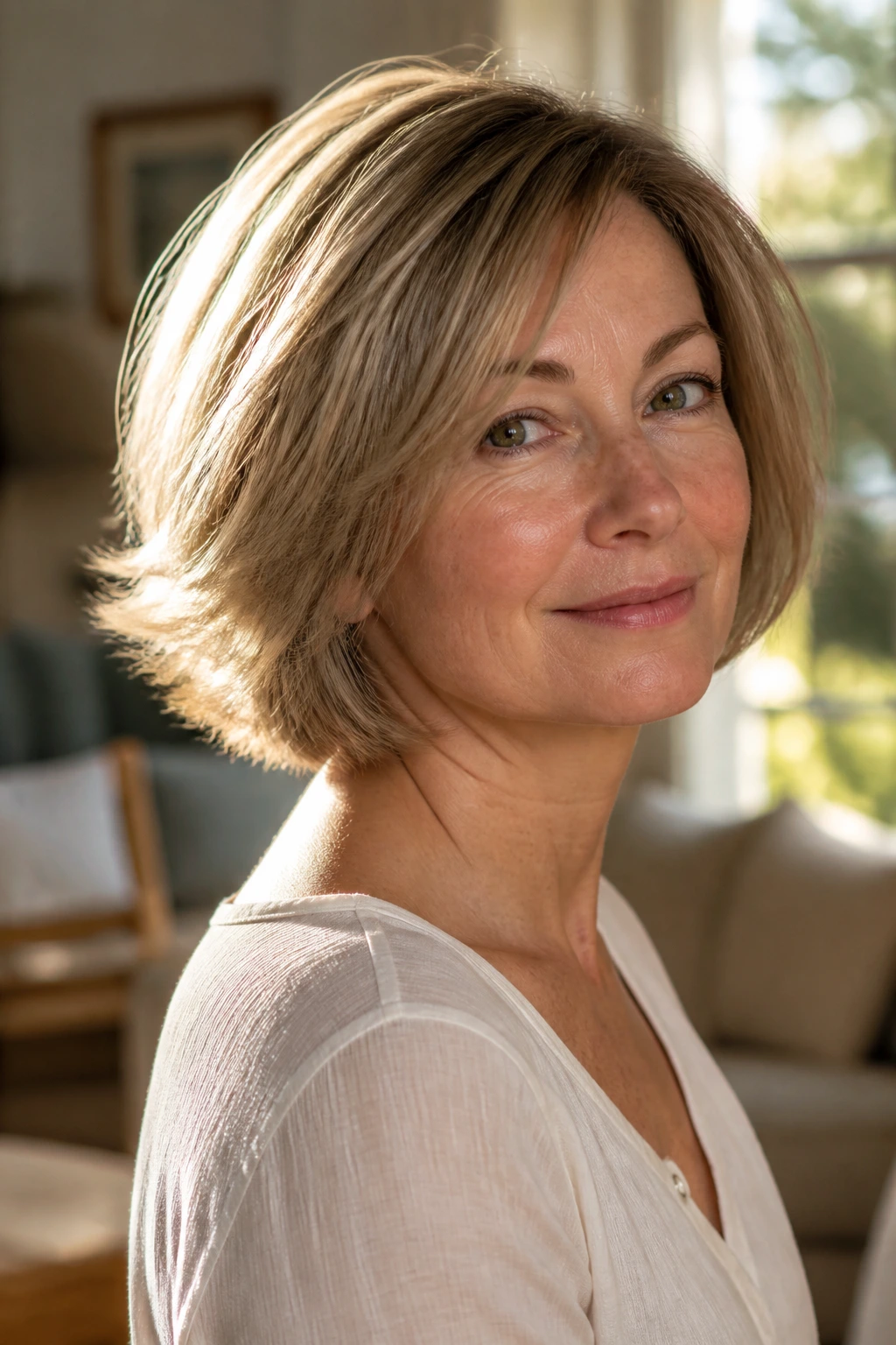 Close-up portrait of a real woman with feathered bob ends flicking outward in a sunlit room