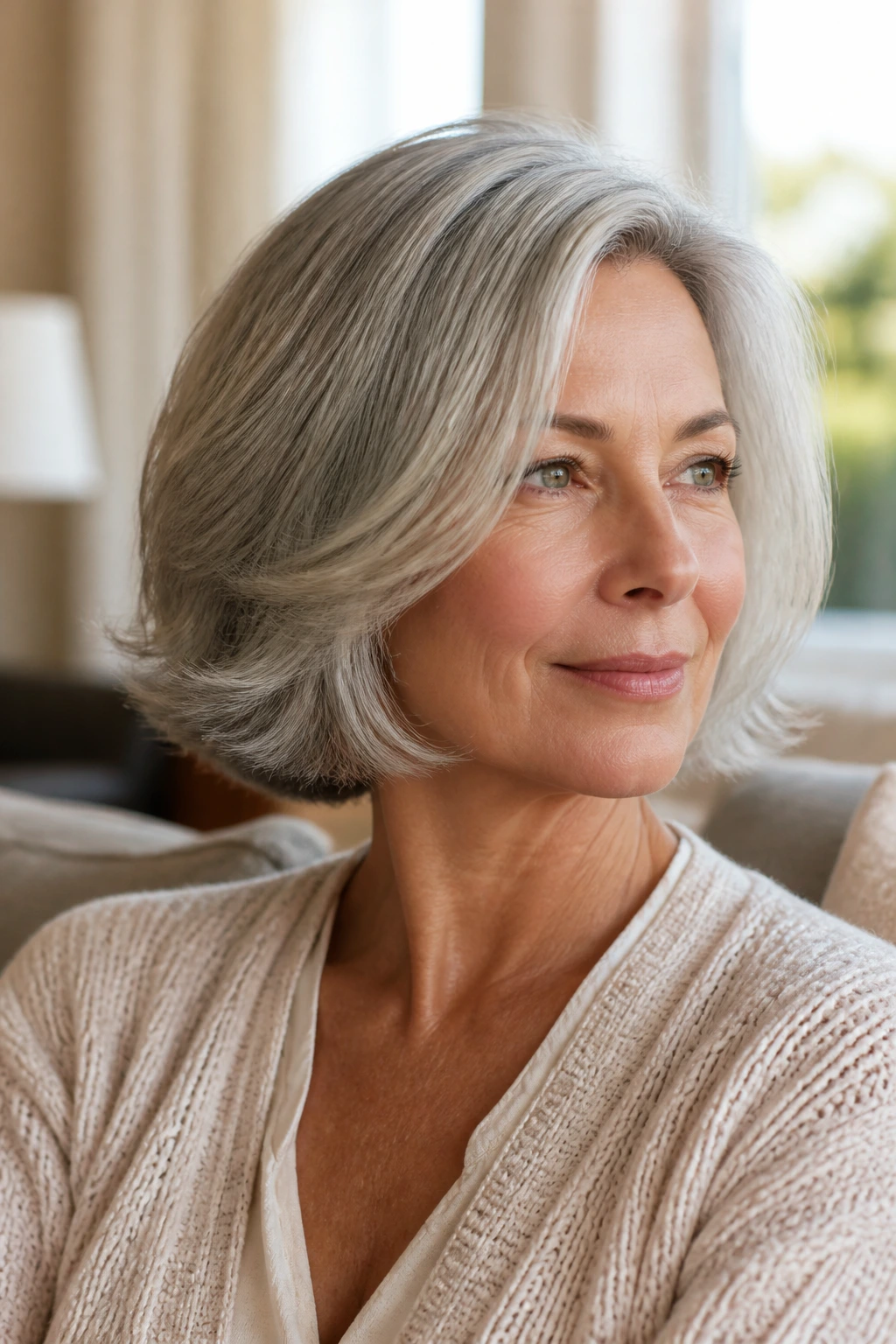 Close-up portrait of a woman with a feathered bob and soft, flicked ends