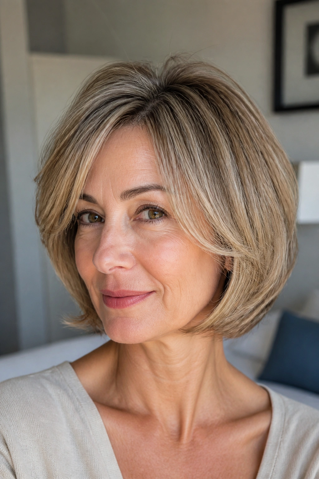 Close-up portrait of a real woman with a feathered bob and soft layers in daylight