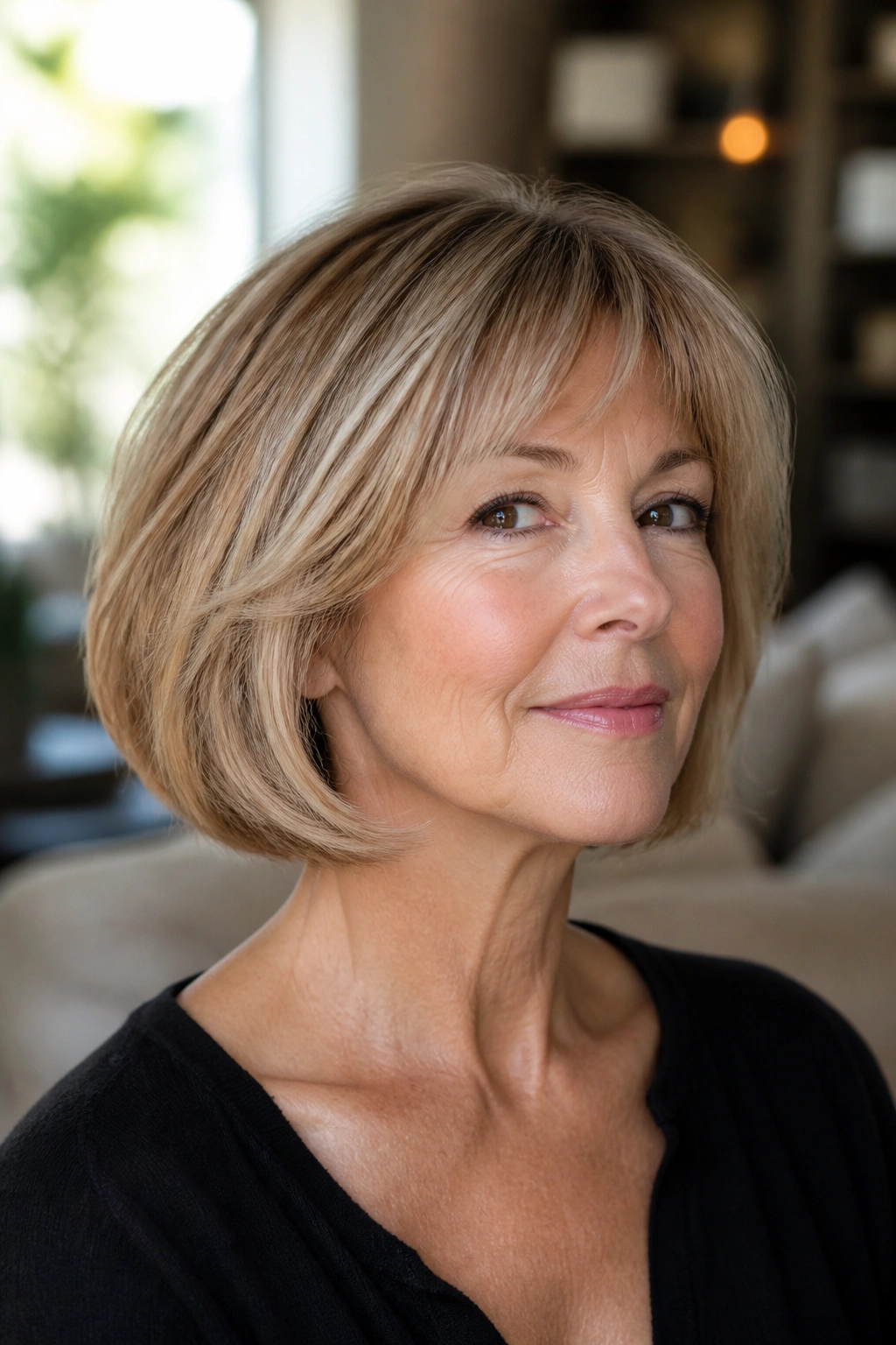 Close-up of a woman with a feathered bob featuring soft layers