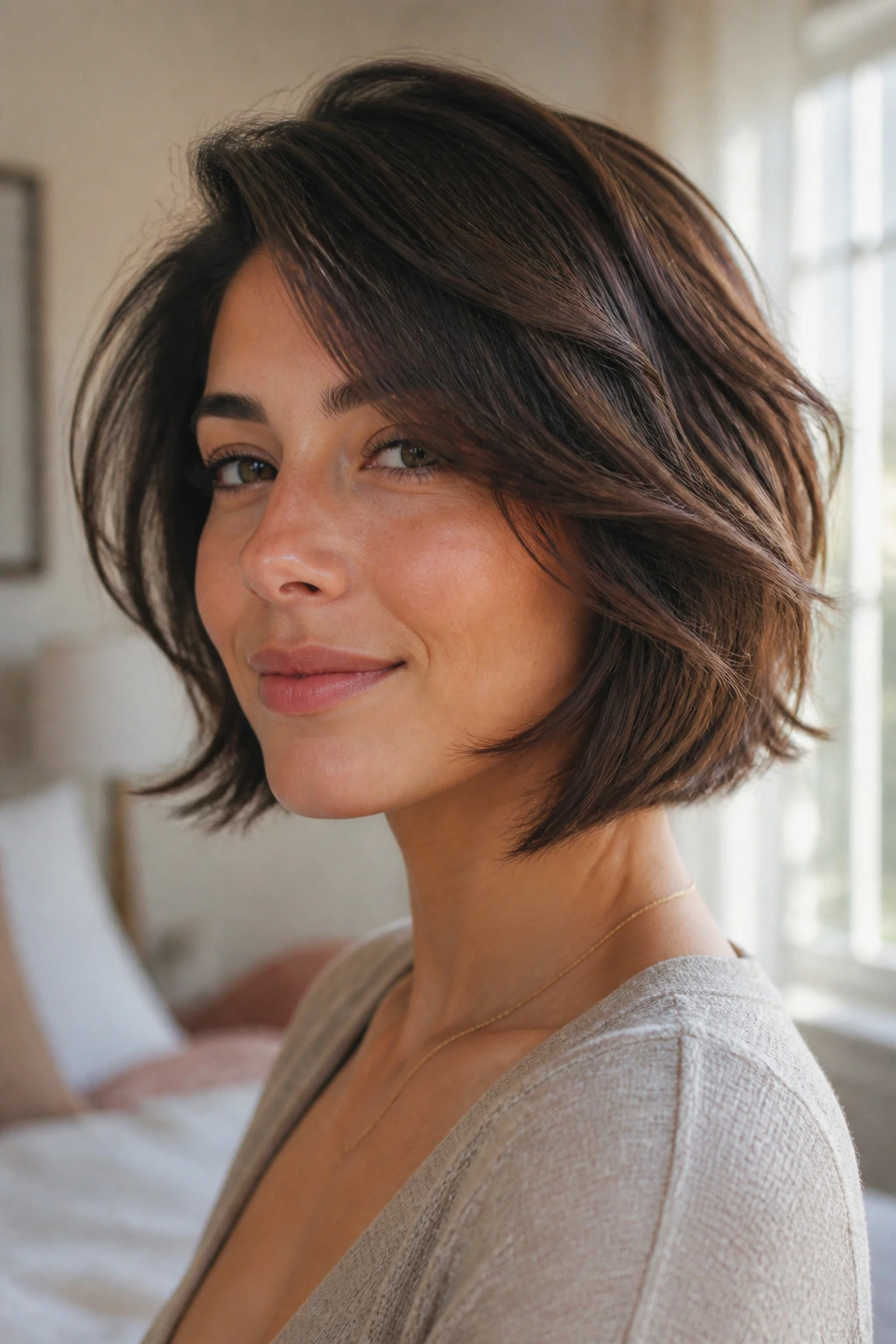 Close-up portrait of a woman with feathered bob layers in soft morning light